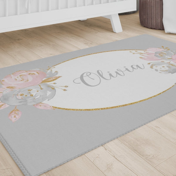 Blush Gold Floral Personalized Nursery Rug