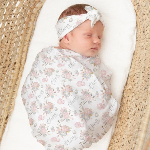 Blush Gold Floral Personalized Swaddle Blanket Set - Blush Gold Floral, gender_girl, text