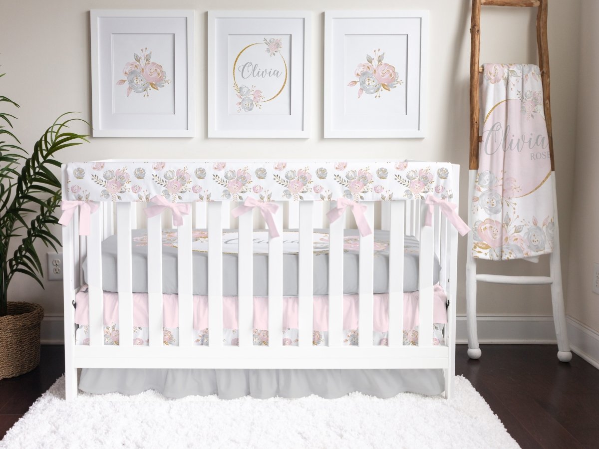 Blush Gold Floral Ruffled Crib Bedding - Blush Gold Floral, gender_girl, text