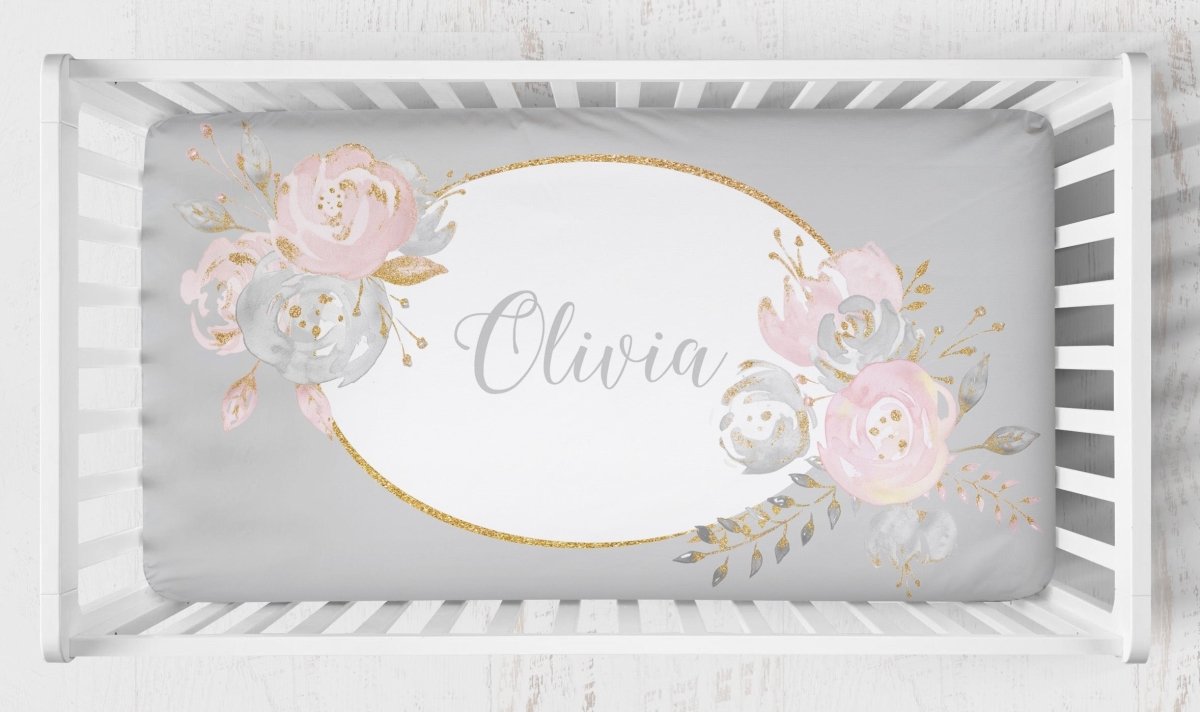 Blush Gold Floral Ruffled Crib Bedding - Blush Gold Floral, gender_girl, text