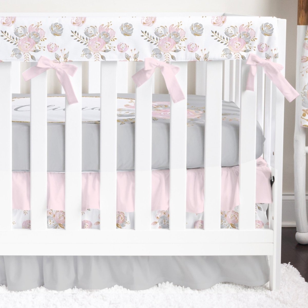 Blush Gold Floral Ruffled Crib Bedding - Blush Gold Floral, gender_girl, text