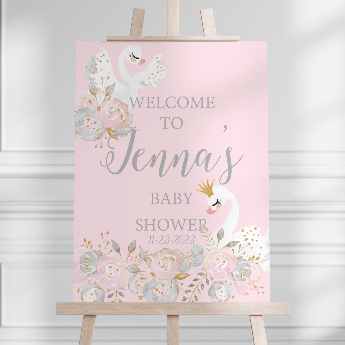 Blush Gold Floral Swan Baby Shower Welcome Sign - Blush Gold Floral, gender_girl, text