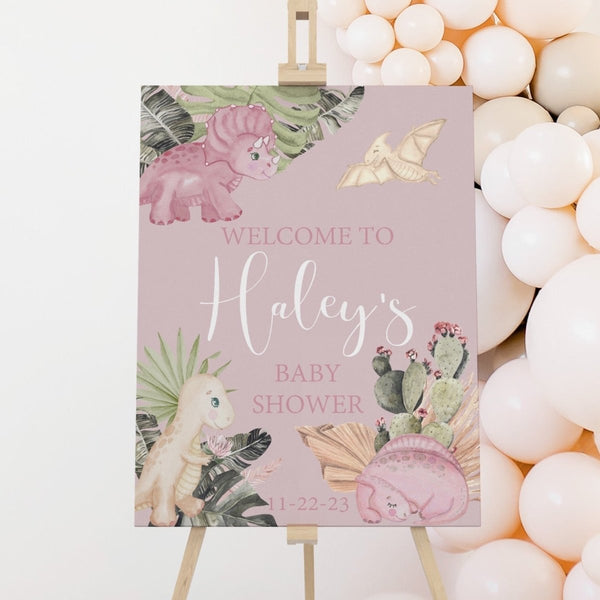 Boho Dino Baby Shower Welcome Sign - boho dino, gender_girl, text