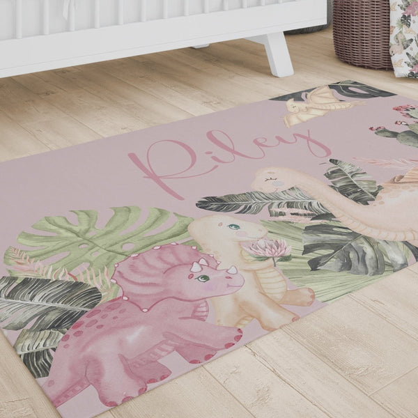 Boho Dino Personalized Nursery Rug - boho dino, gender_girl, text