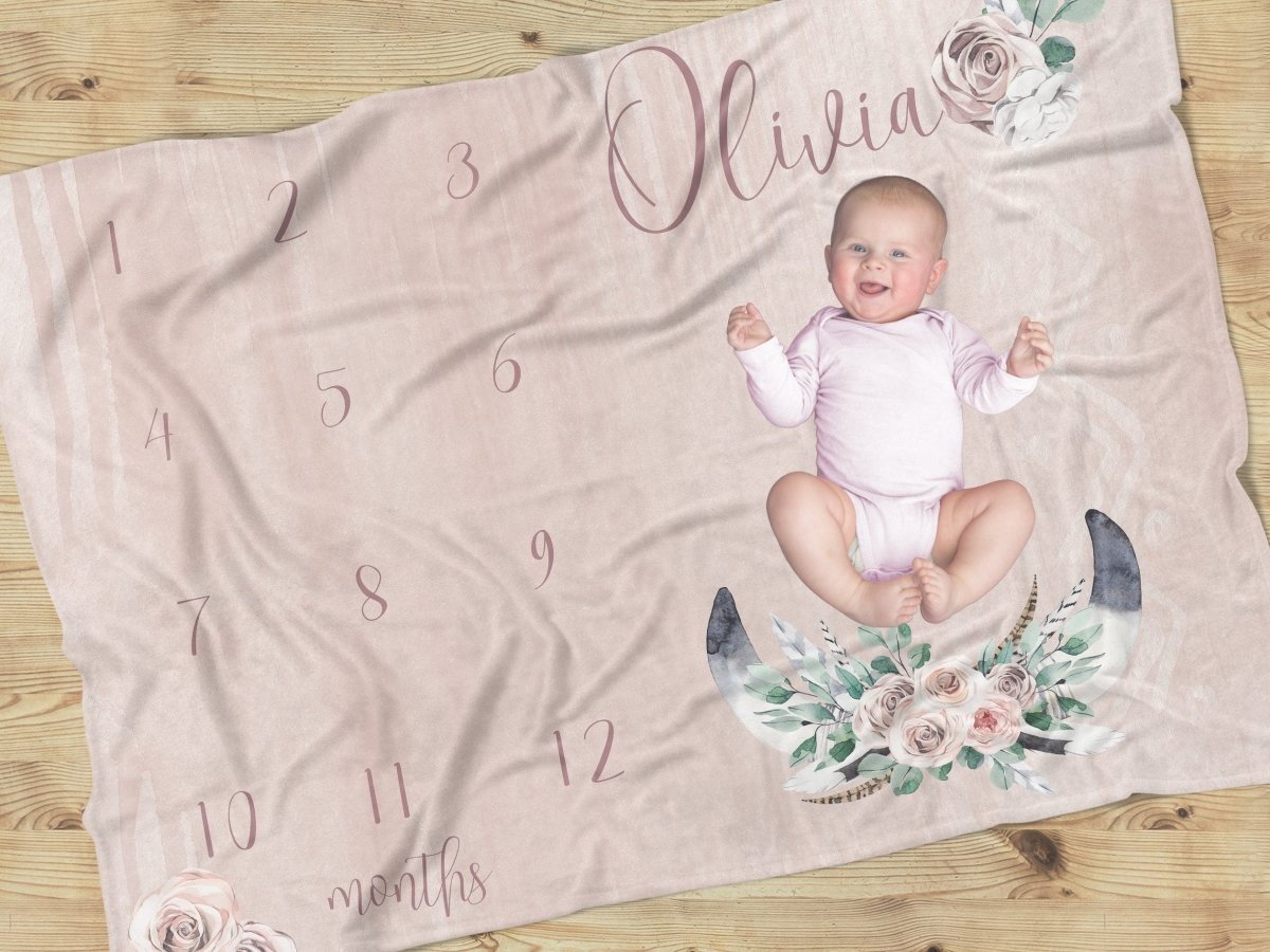 Boho Rose Milestone Minky Blanket - Boho Rose, gender_girl, text