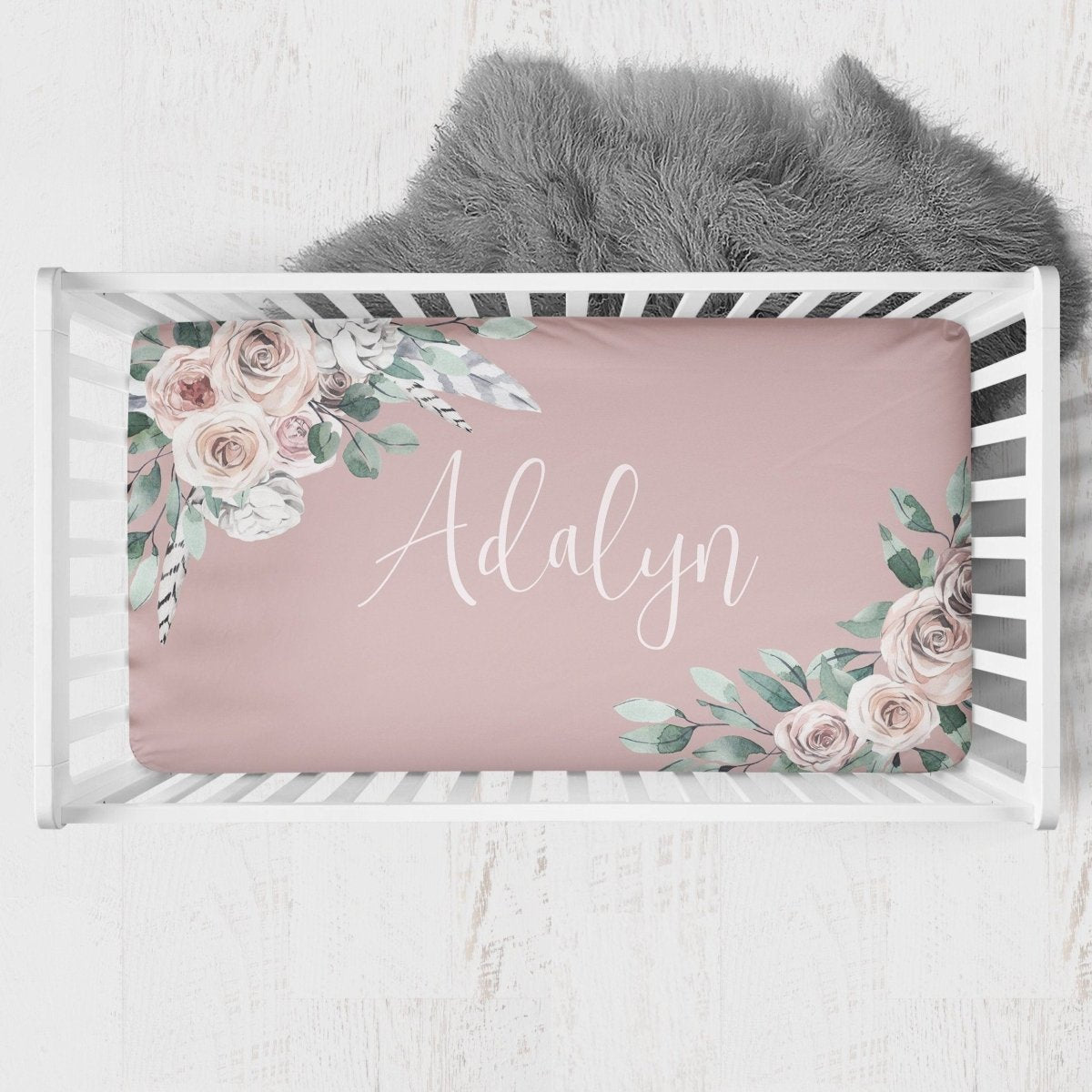 Boho Rose Personalized Crib Sheet - gender_girl, Personalized_Yes, text