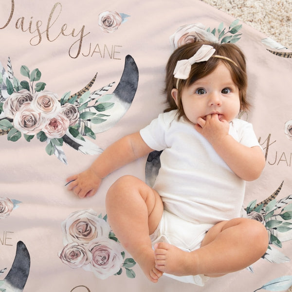 Boho Rose Skull Personalized Baby Blanket - Minky Blanket