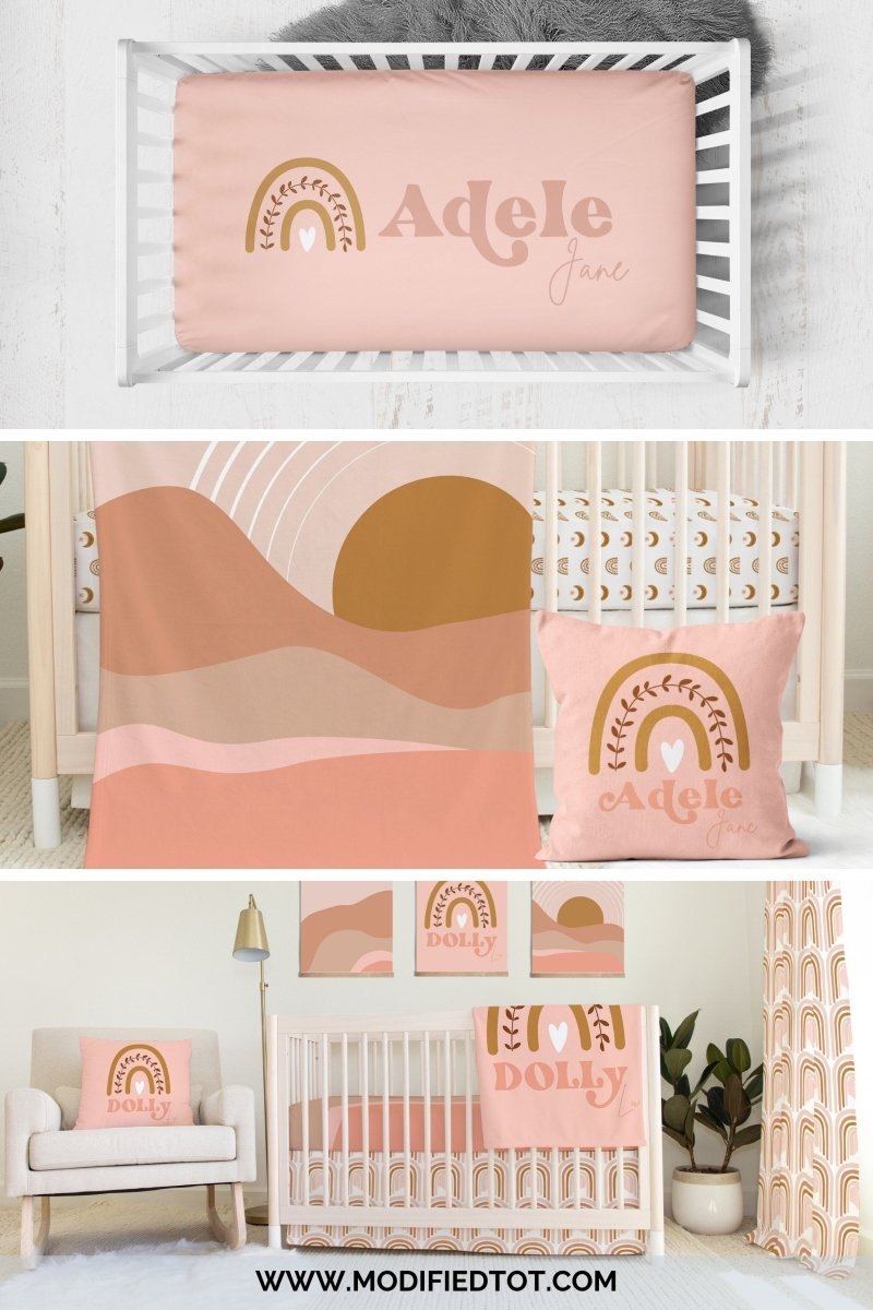 Boho Sunset Rainbow Personalized Crib Sheet - gender_girl, text, Theme_Boho
