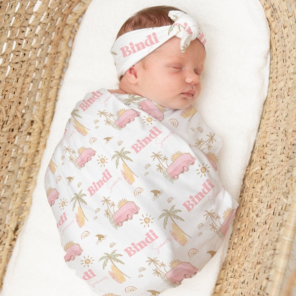 Boho Surfer Girl Personalized Swaddle Blanket Set - Boho Surfer Girl, gender_girl, text