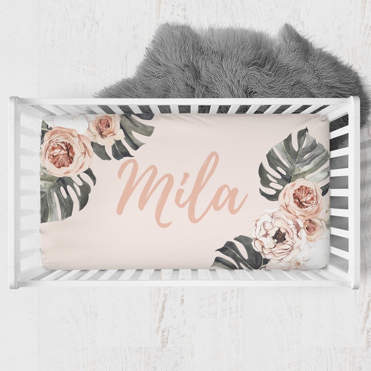 Boho Tropics Personalized Crib Sheet - gender_girl, Personalized_Yes, text