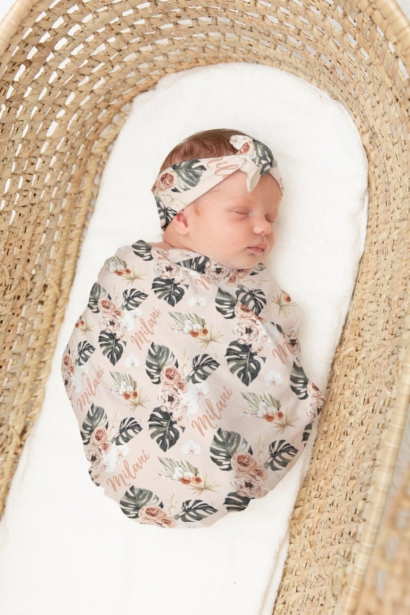 Boho Tropics Personalized Swaddle Blanket Set - Boho Tropics, gender_girl, text