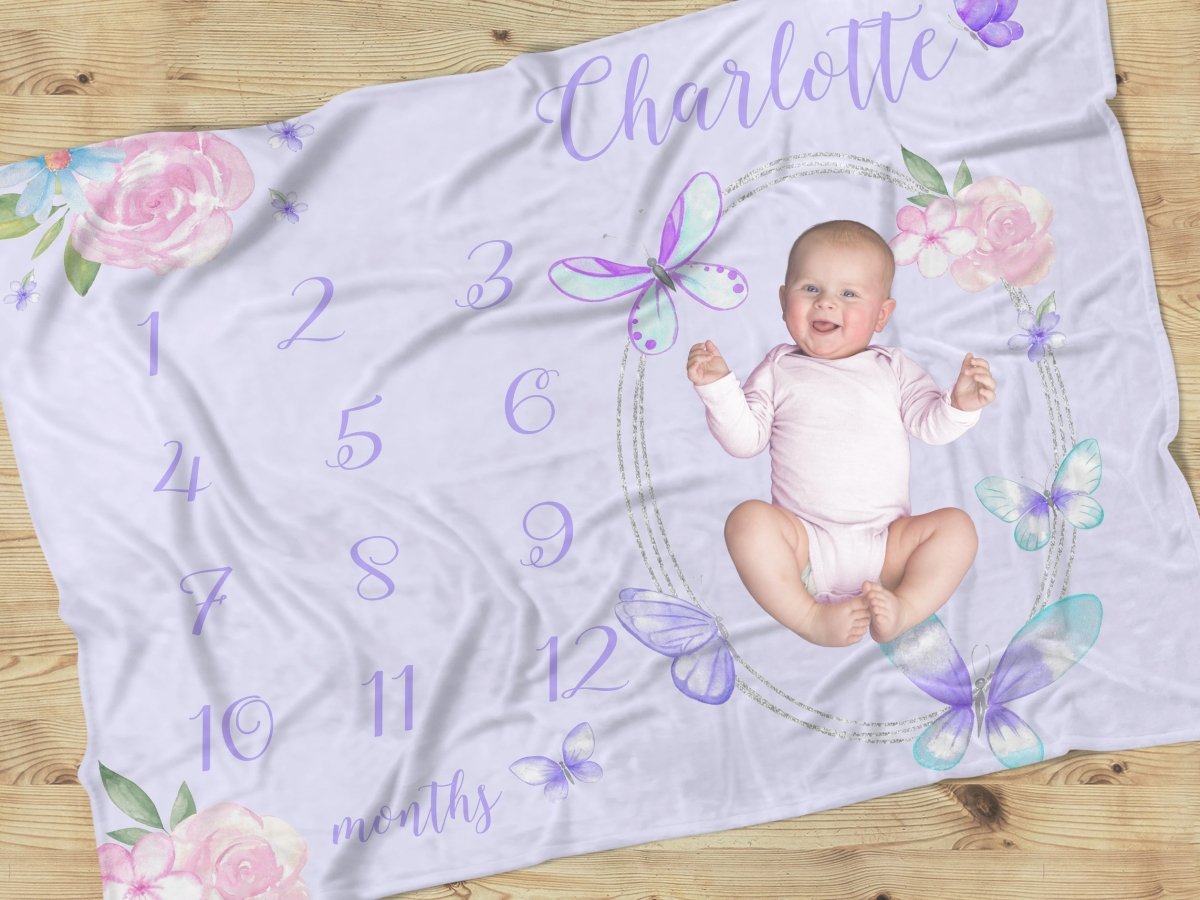 Butterfly Floral Milestone Minky Blanket - Butterfly Floral, gender_girl, text