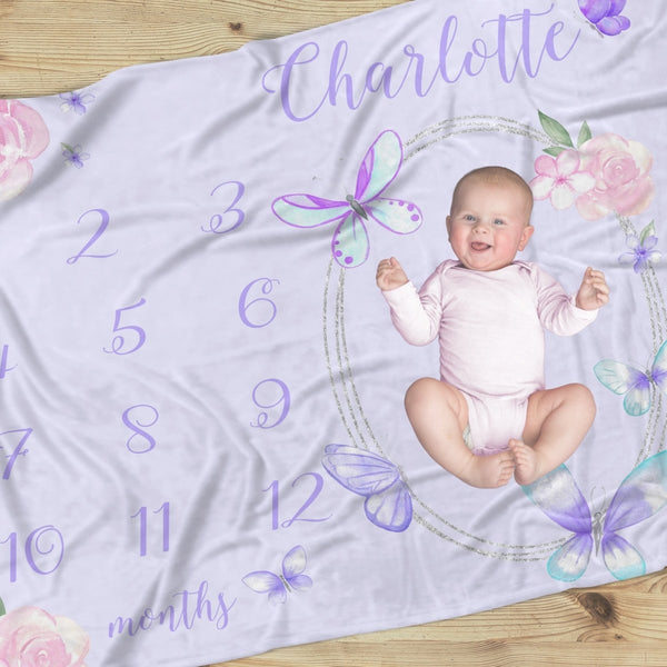 Butterfly Floral Milestone Minky Blanket - Butterfly Floral, gender_girl, text