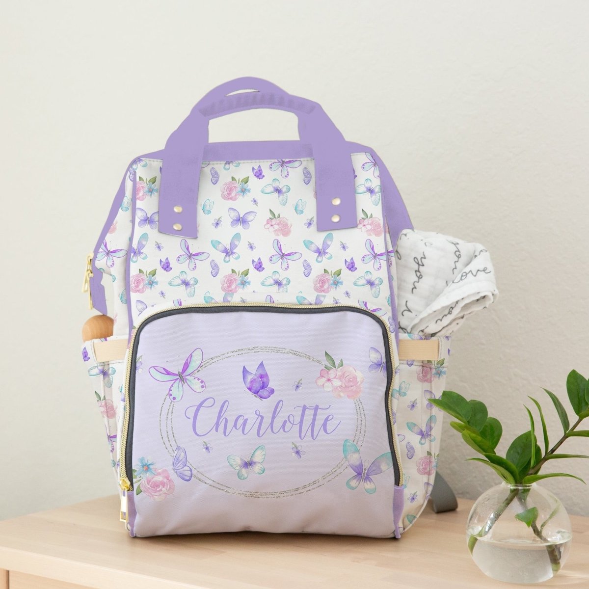 Butterfly Floral Personalized Backpack Diaper Bag - Butterfly Floral, gender_girl, text