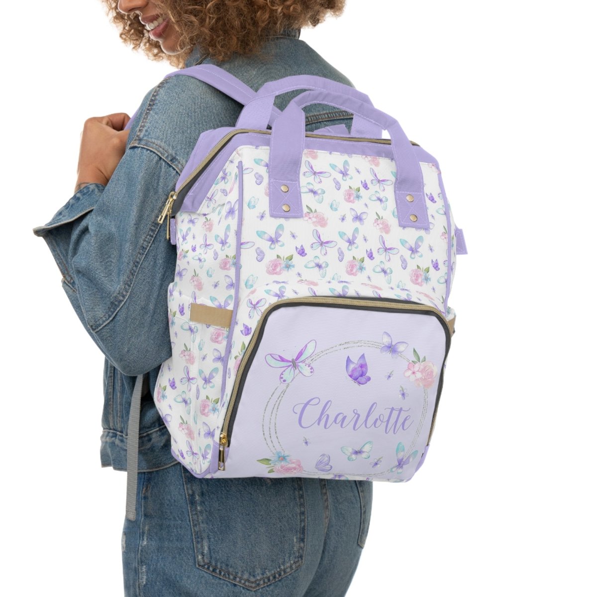 Butterfly Floral Personalized Backpack Diaper Bag - Butterfly Floral, gender_girl, text