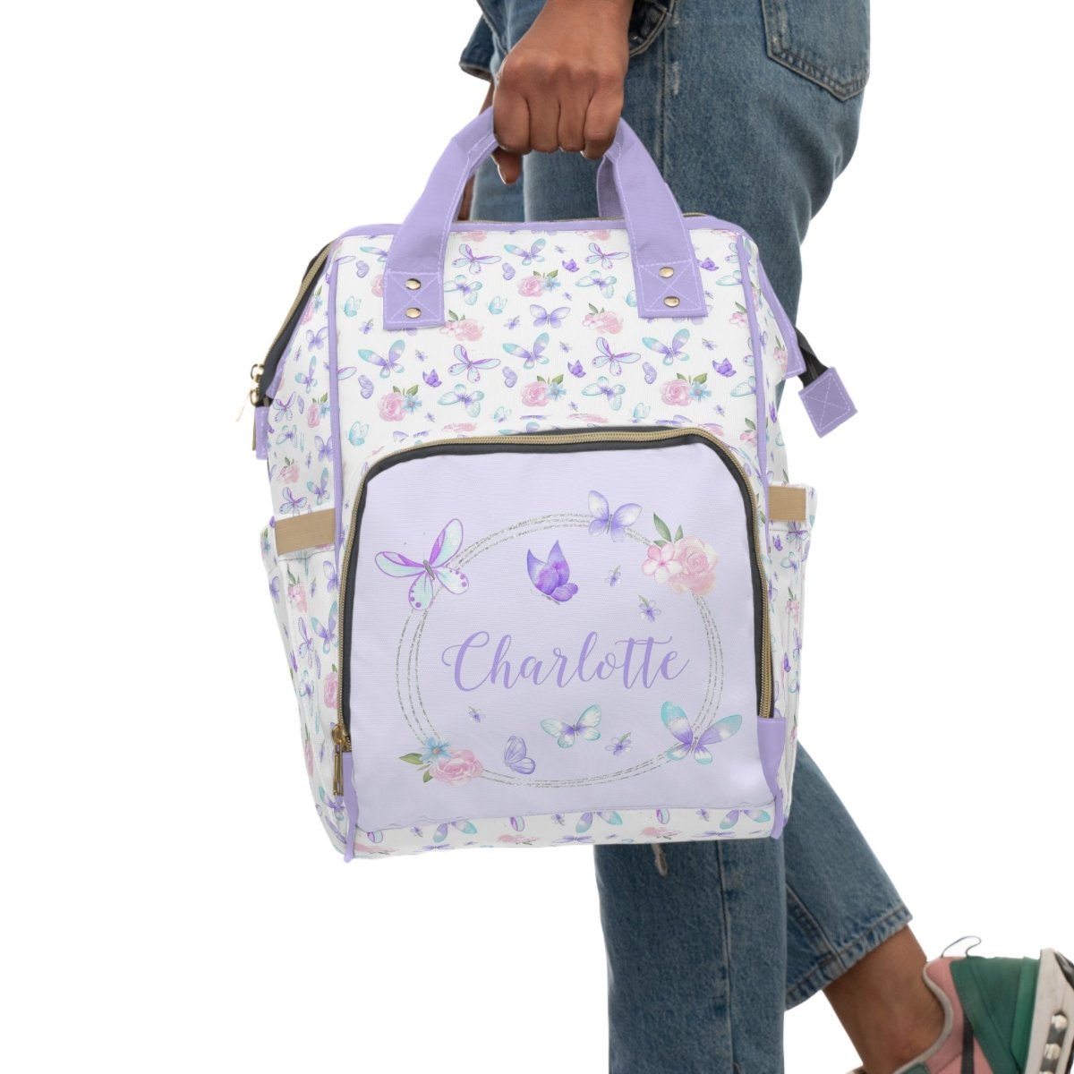 Butterfly Floral Personalized Backpack Diaper Bag - Butterfly Floral, gender_girl, text