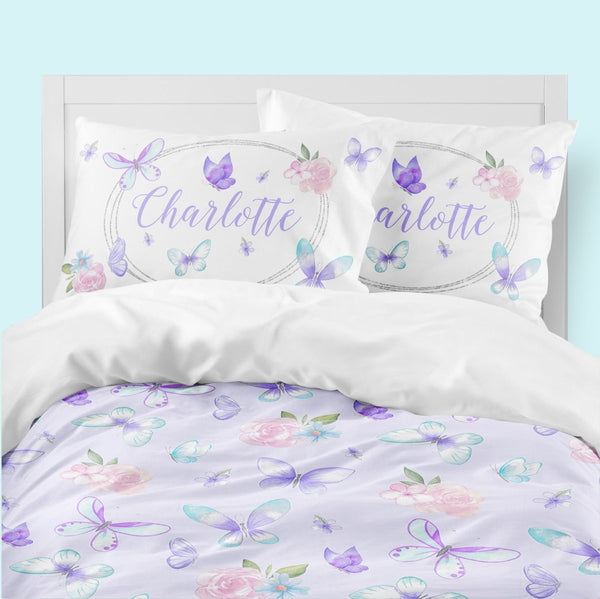 Butterfly Floral Personalized Kids Bedding Set (Comforter or Duvet Cover) - Butterfly Floral, gender_girl, text