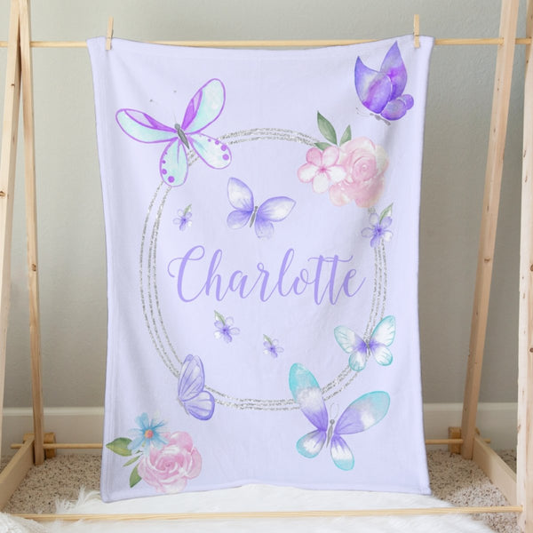Butterfly Floral Personalized Minky Blanket - Butterfly Floral, gender_girl, Personalized_Yes