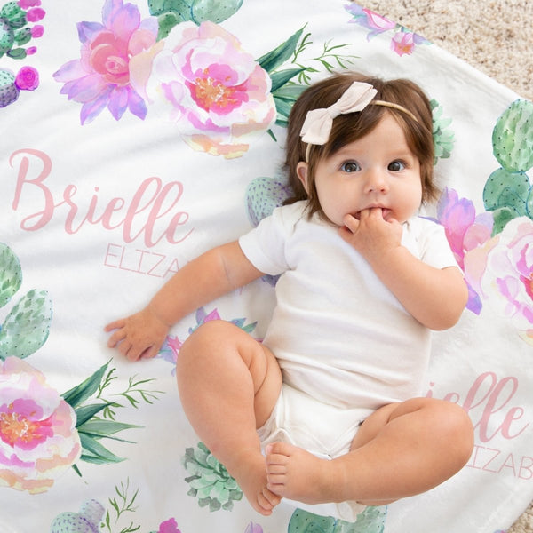 Cactus Floral Personalized Baby Blanket - Minky Blanket