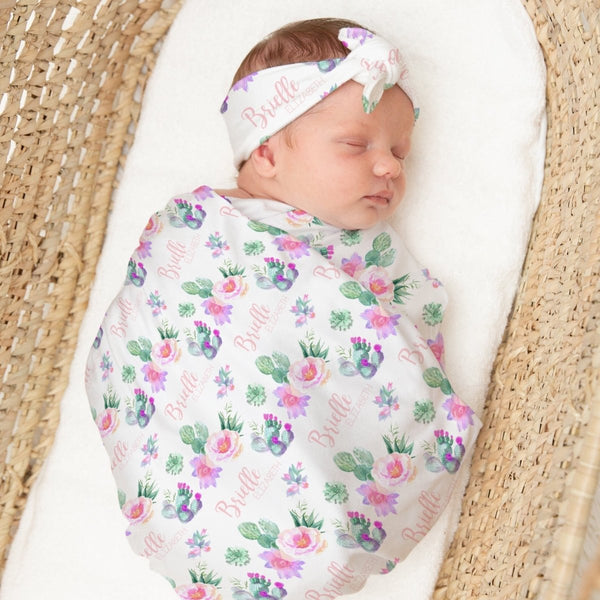 Cactus Floral Personalized Swaddle Blanket Set