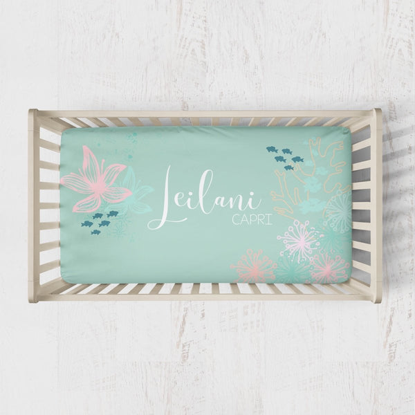 Coral Waves Personalized Crib Sheet - gender_girl, Personalized_Yes, text