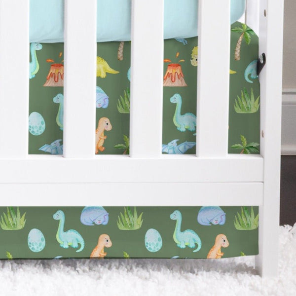 Dino Boy on Green Crib Skirt - Dino Boy, gender_boy, Theme_Dinosaur