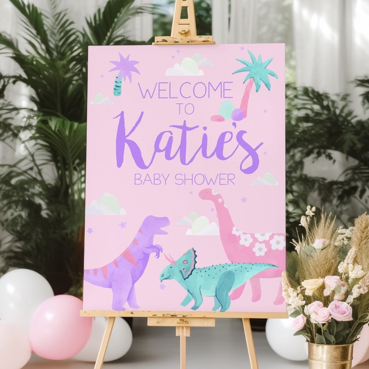 Dino Grrrl Baby Shower Welcome Sign - Dino Grrrl, gender_girl, text