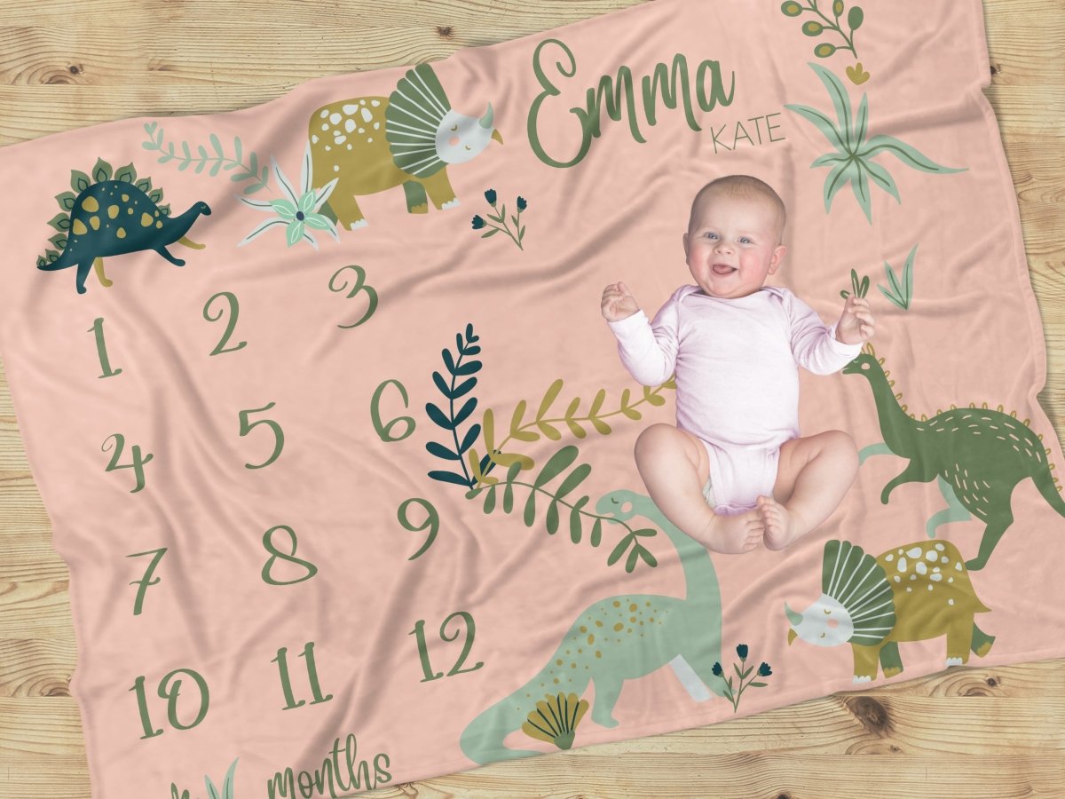 Dinosaur Garden Milestone Minky Blanket - Dinosaur Garden, gender_girl, text