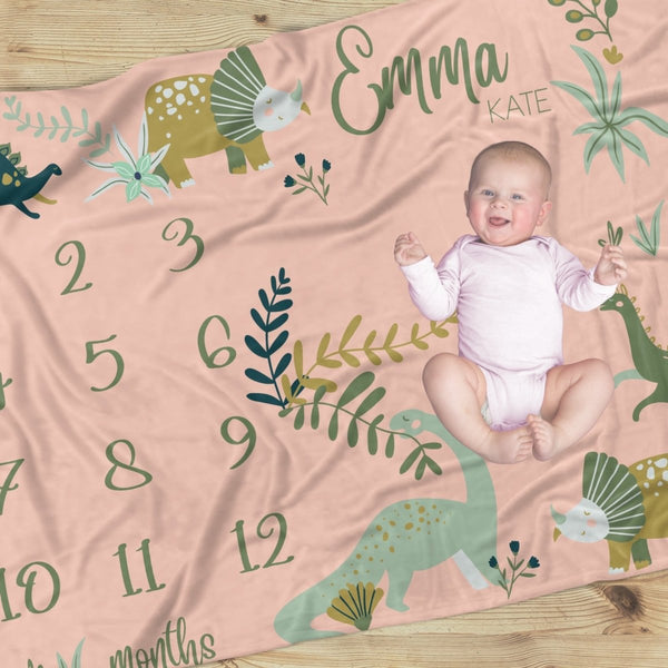 Dinosaur Garden Milestone Minky Blanket - Dinosaur Garden, gender_girl, text