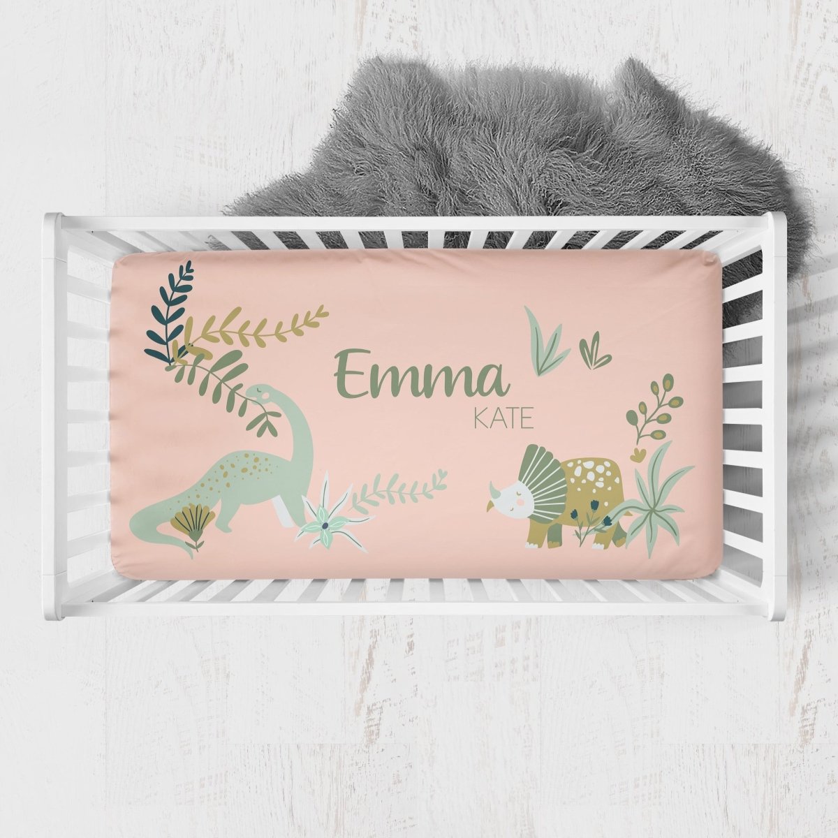 Dinosaur Garden Personalized Crib Sheet - gender_girl, Personalized_Yes, text
