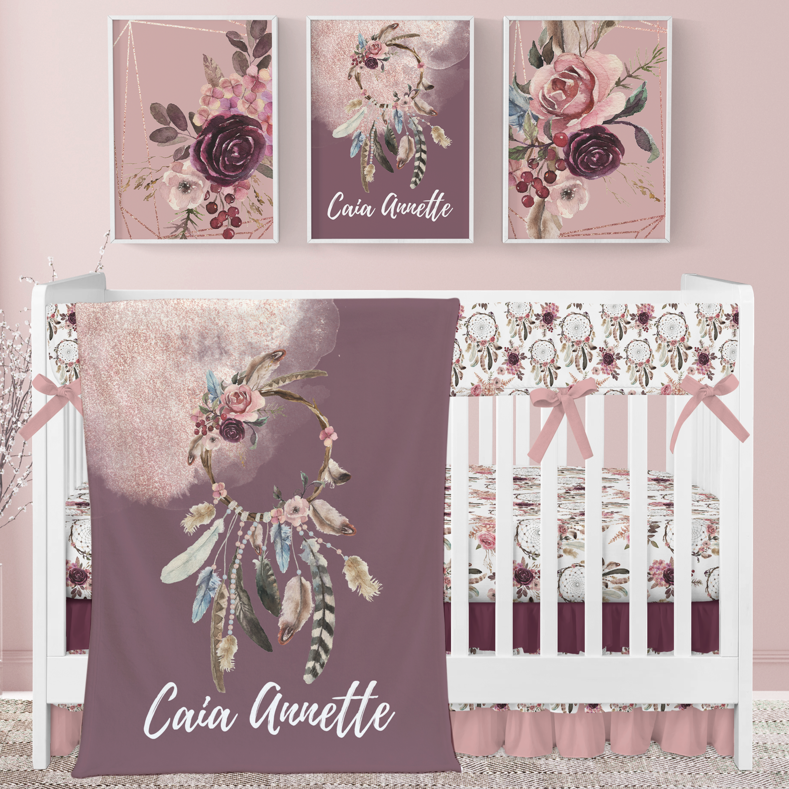 Floral Dreamcatcher Ruffled Crib Bedding - Floral Dreamcatcher, gender_girl, text