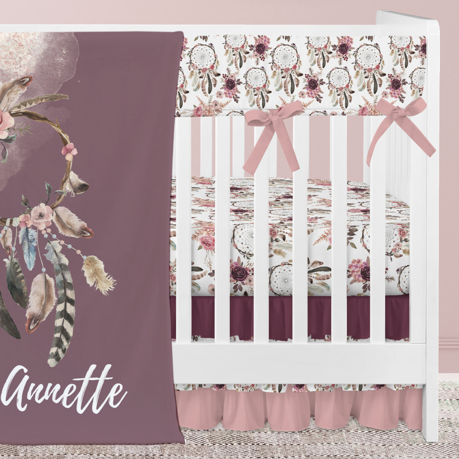 Floral Dreamcatcher Ruffled Crib Bedding - Floral Dreamcatcher, gender_girl, text