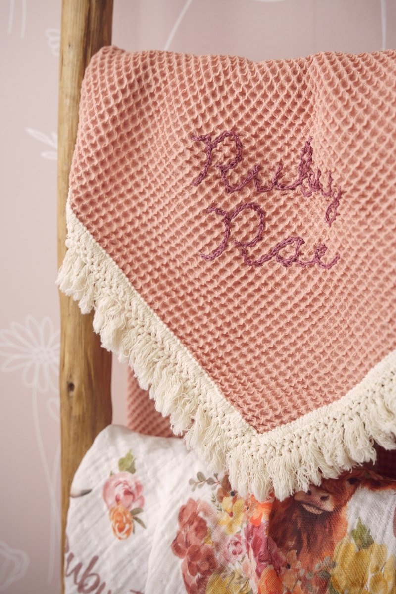 Dusty Rose Hand Embroidered Waffle Swaddle with Fringe - gender_girl, Highland Cow Wildflower, Personalized_Yes