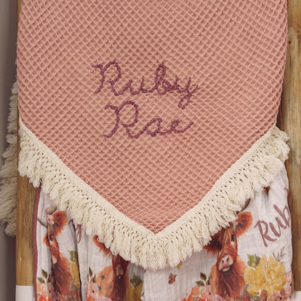 Dusty Rose Hand Embroidered Waffle Swaddle with Fringe - gender_girl, Highland Cow Wildflower, Personalized_Yes