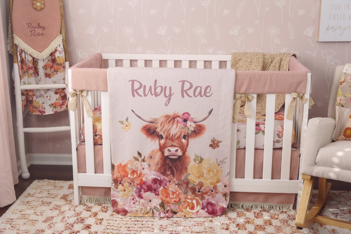 Dusty Rose Metallic Linen Crib Rail Guards - gender_girl, Highland Cow Wildflower,