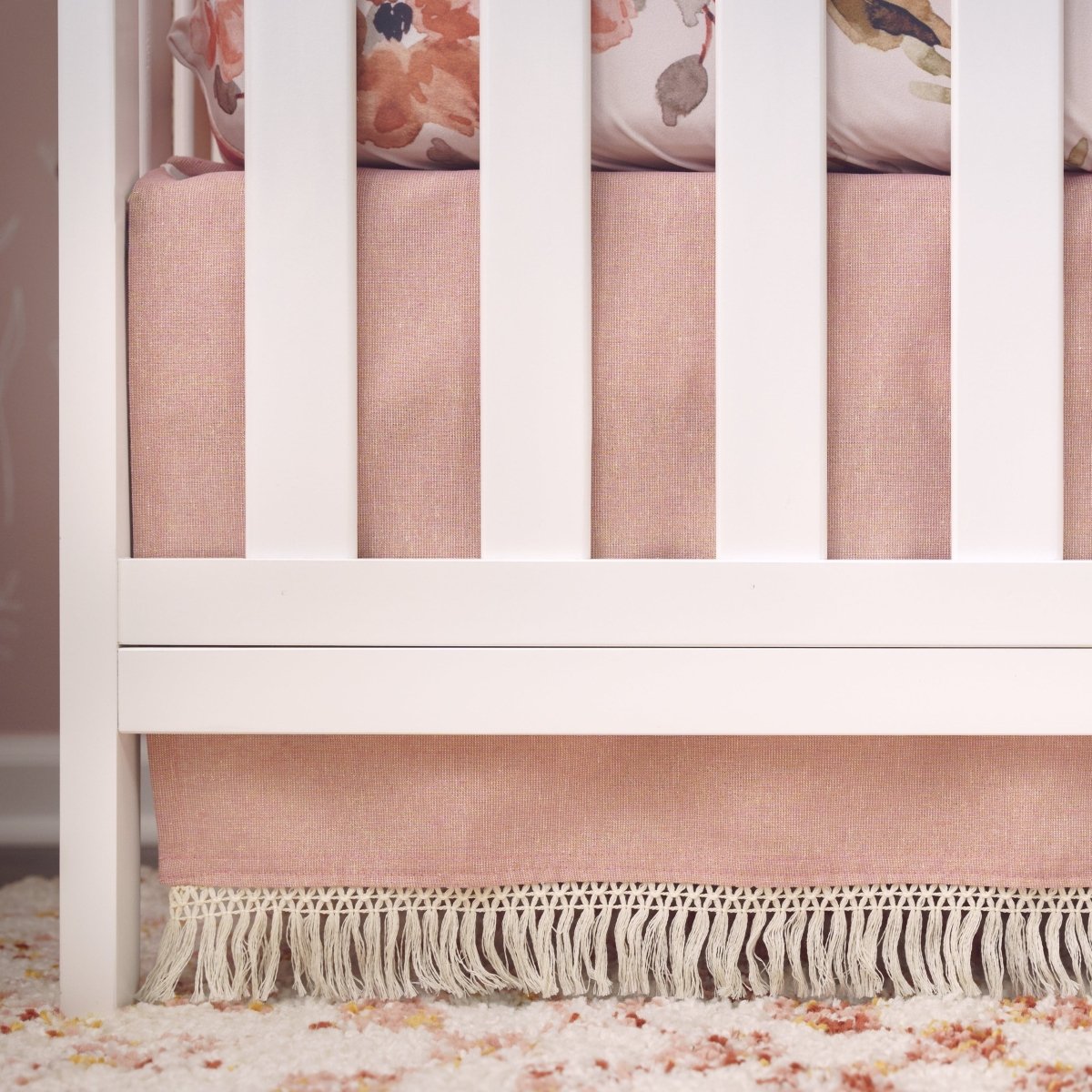 Dusty Rose Metallic Linen Fringe Crib Skirt - gender_girl, Highland Cow Wildflower, Theme_Boho