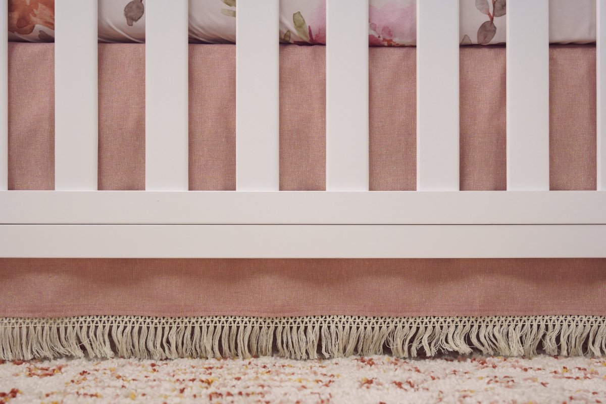 Dusty Rose Metallic Linen Fringe Crib Skirt - gender_girl, Highland Cow Wildflower, Theme_Boho