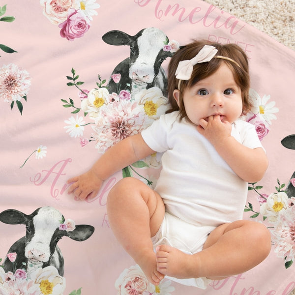 Farm Floral Calf Personalized Baby Blanket - Minky Blanket
