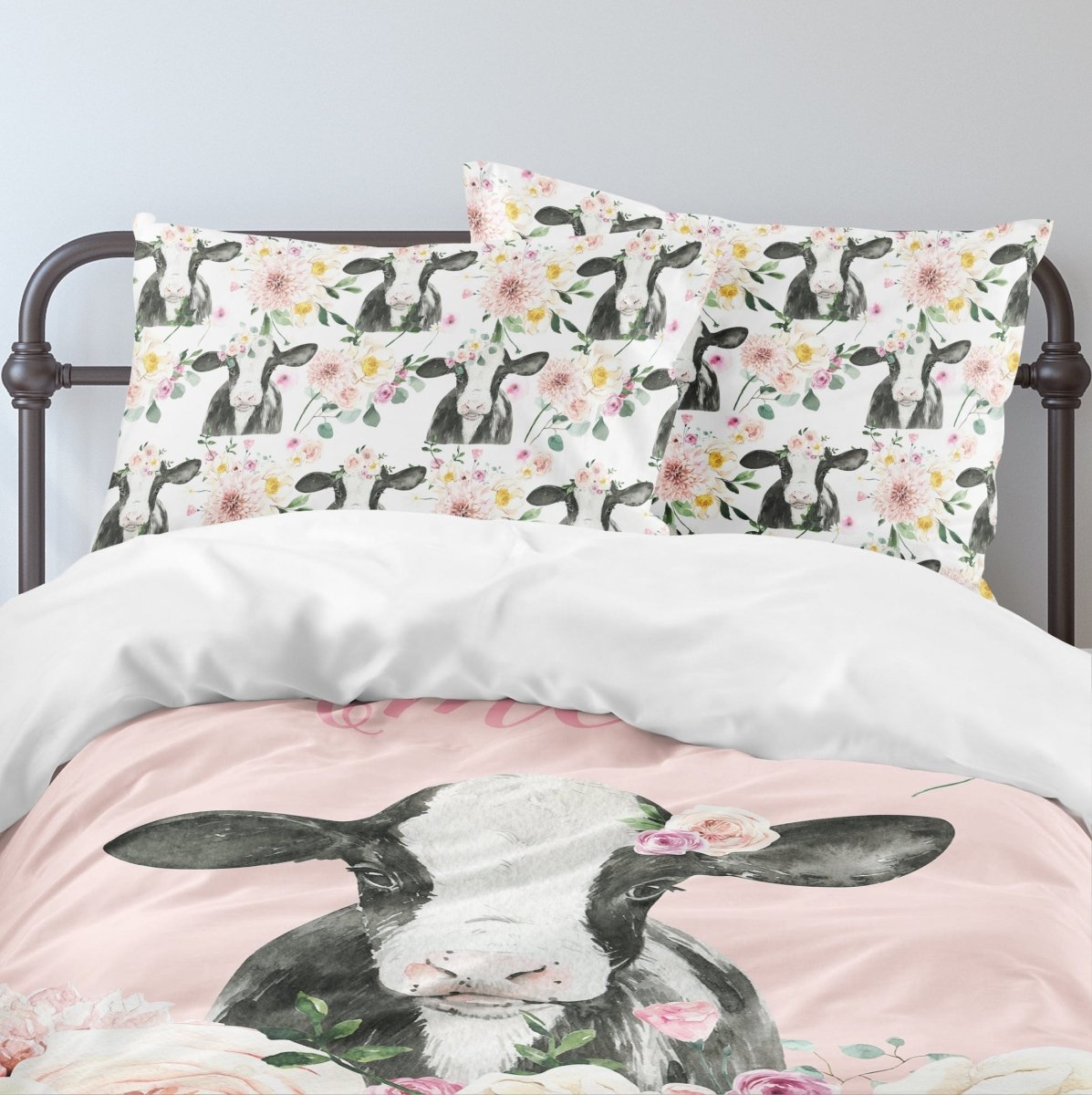 Farm Floral Calf Personalized Kids Bedding Set (Comforter or Duvet Cover) - Farm Floral, gender_girl, text
