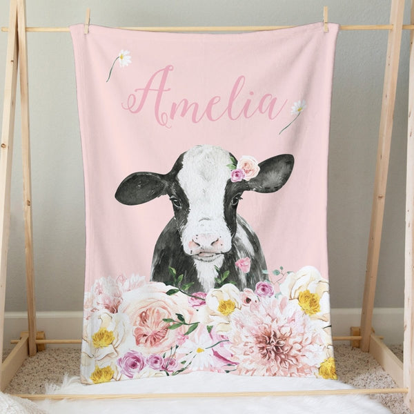 Farm Floral Calf Personalized Minky Blanket - Farm Floral, gender_girl, Personalized_Yes
