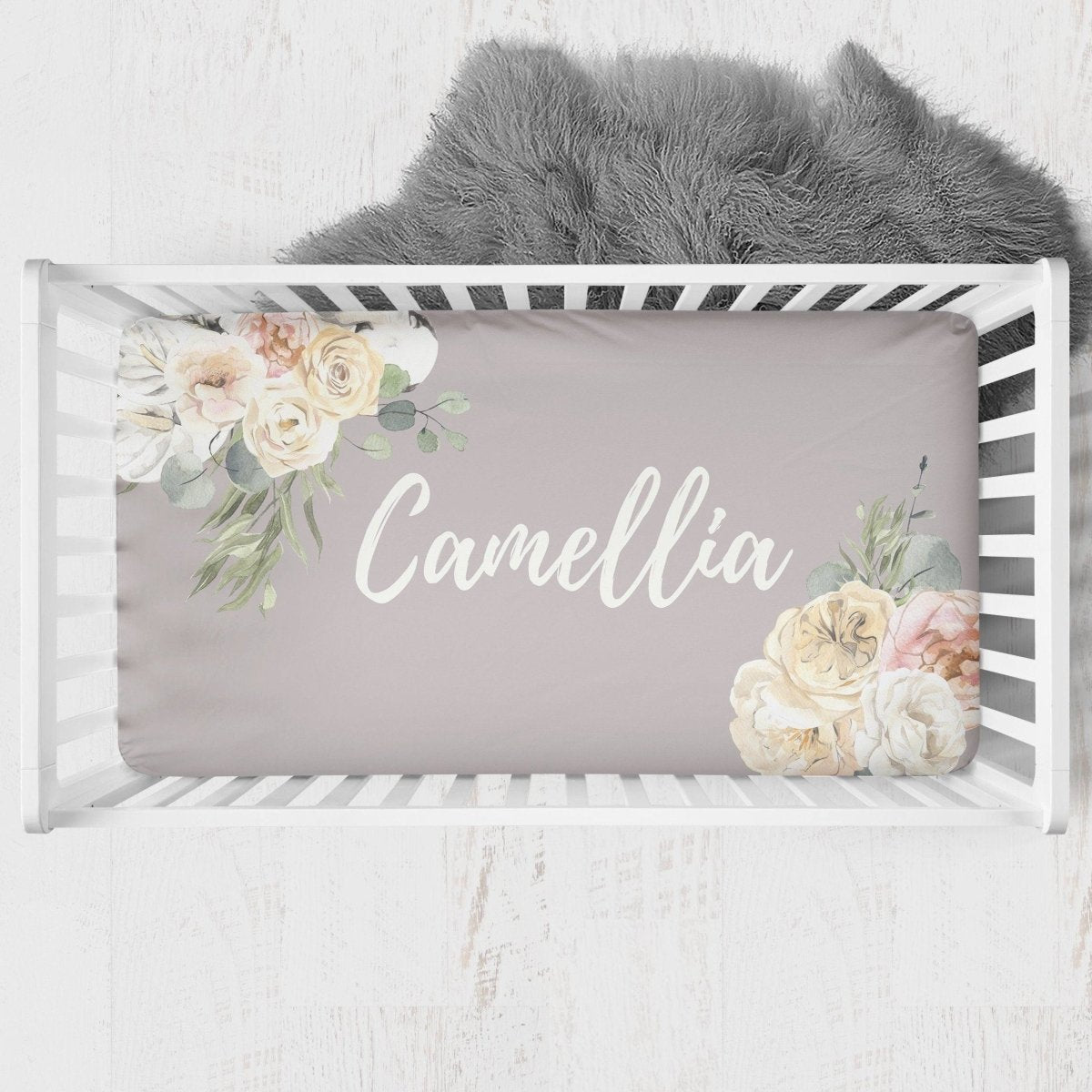 Farmhouse Floral Personalized Crib Sheet - gender_girl, Personalized_Yes, text