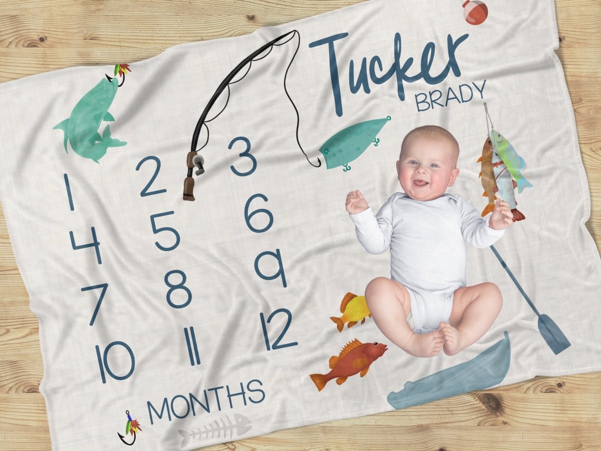 Fishing Time Milestone Minky Blanket - Fishing Time, gender_boy, text