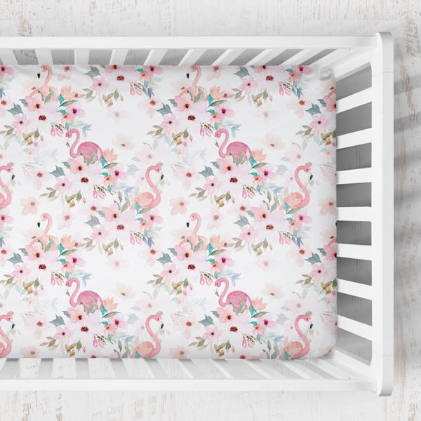 Flamingo Floral Crib Sheet - gender_girl, Theme_Floral, Theme_Tropical