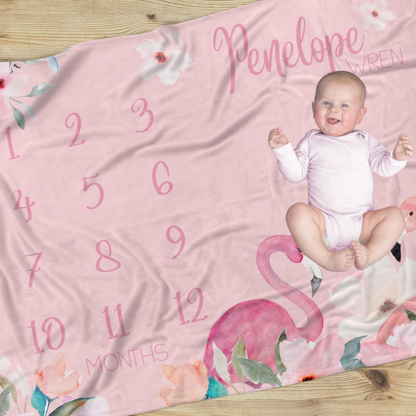 Flamingo Floral Milestone Minky Blanket - Flamingo Floral, gender_girl, text