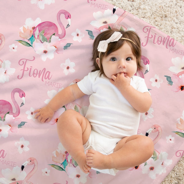 Flamingo Floral Personalized Baby Blanket - Flamingo Floral, gender_girl, text
