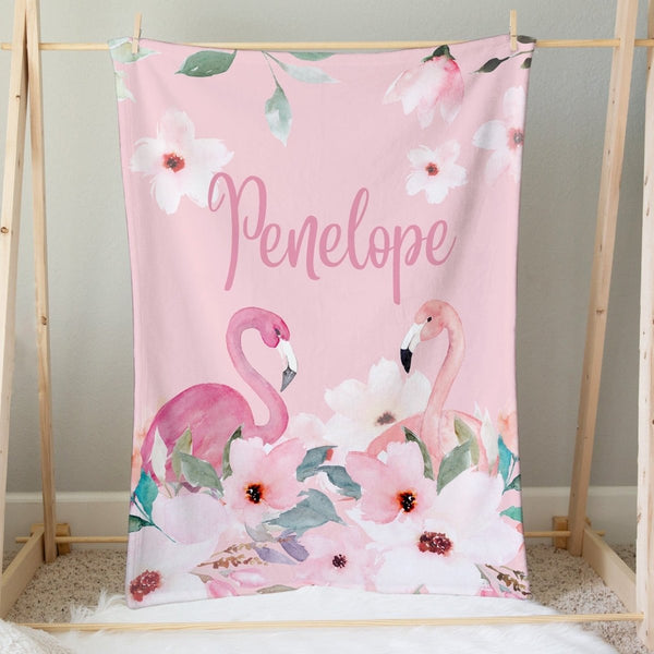 Flamingo Floral Personalized Minky Blanket - Flamingo Floral, gender_girl, text