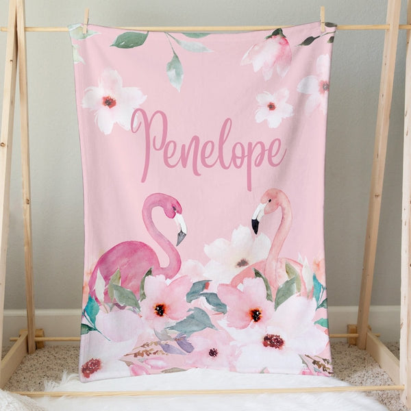 Flamingo Floral Personalized Minky Blanket - Crib Bedding Sets
