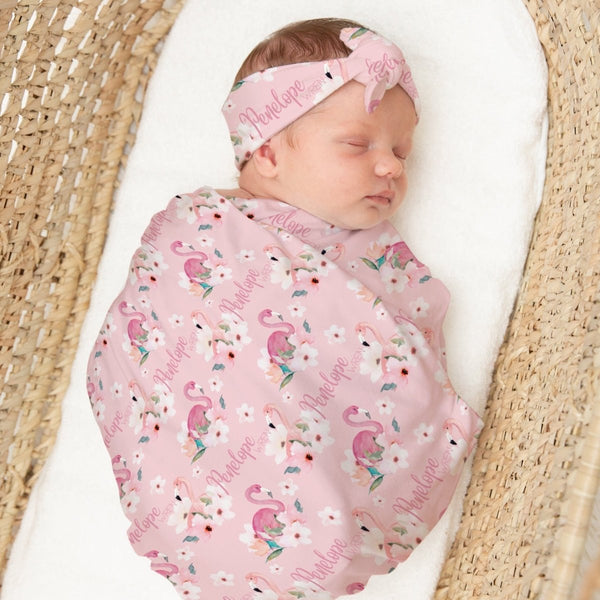 Flamingo Floral Personalized Swaddle Blanket Set - Flamingo Floral, gender_girl, text