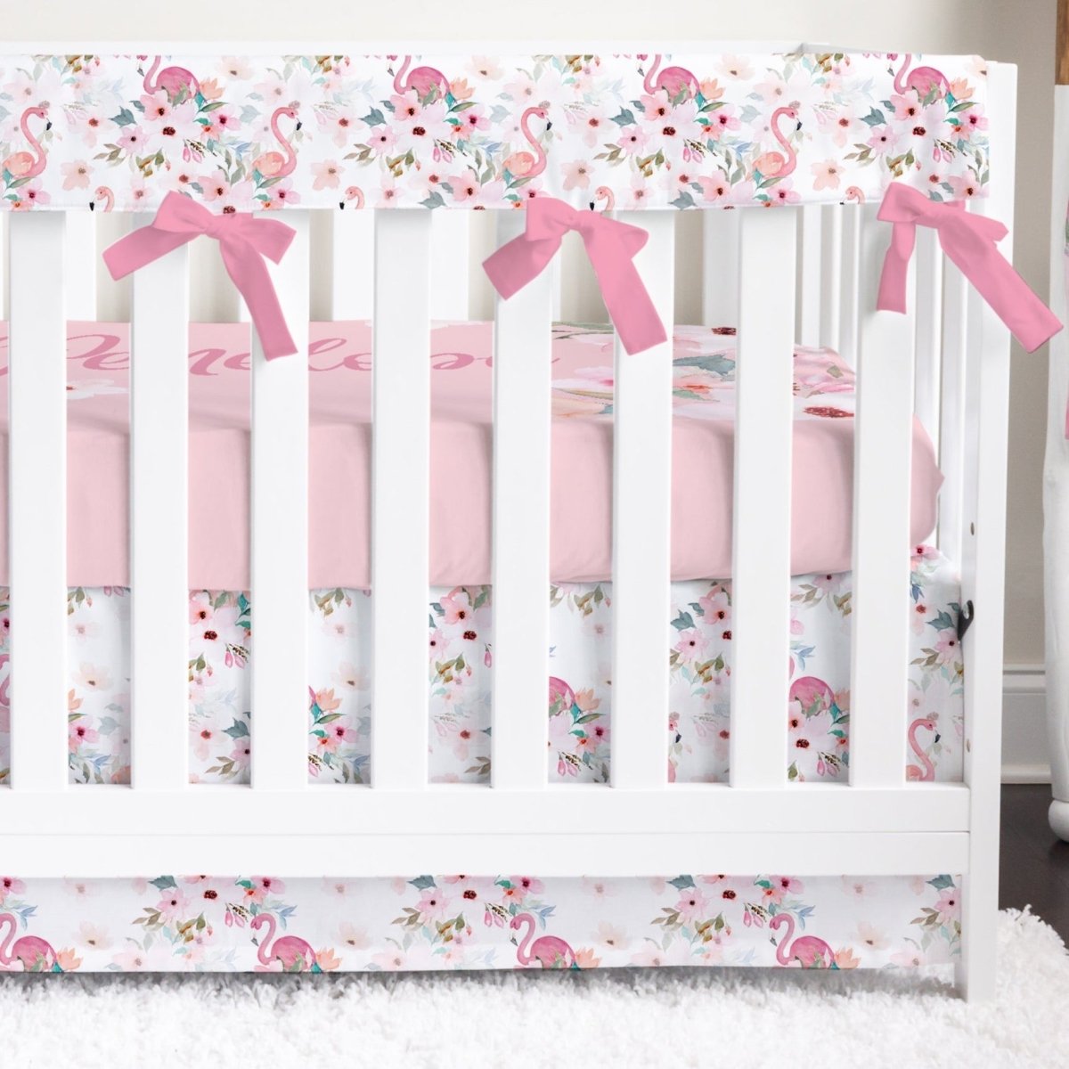 Flamingo Floral Rail Guard Crib Bedding - Flamingo Floral, gender_girl, text