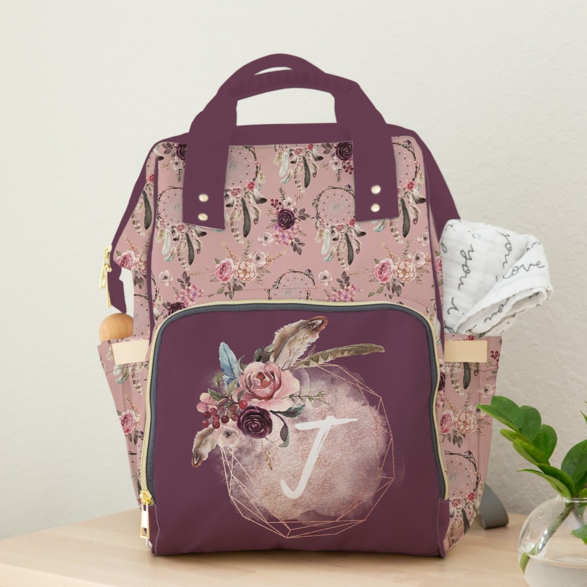 Floral Dreamcatcher Personalized Backpack Diaper Bag - Floral Dreamcatcher, gender_girl, text